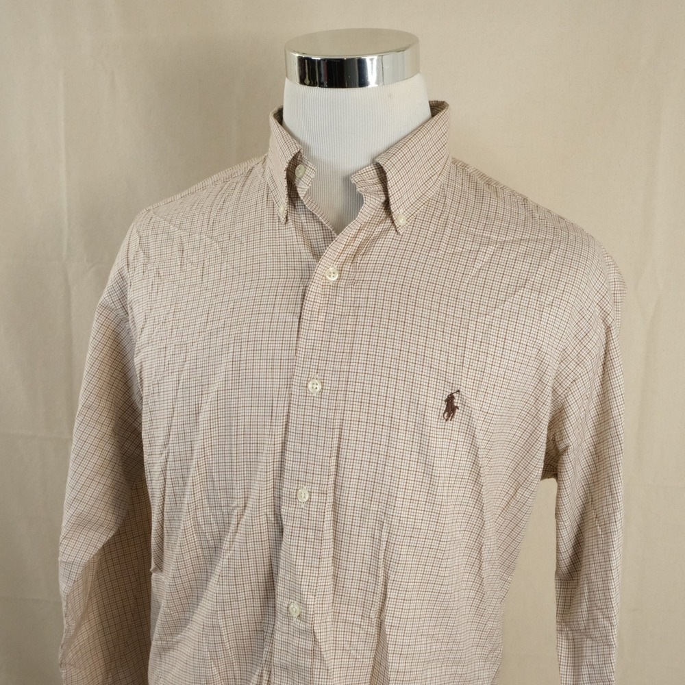 Polo Ralph Lauren Medium Vintage Blake Button Down Shirt Tan Check Cotton Mens